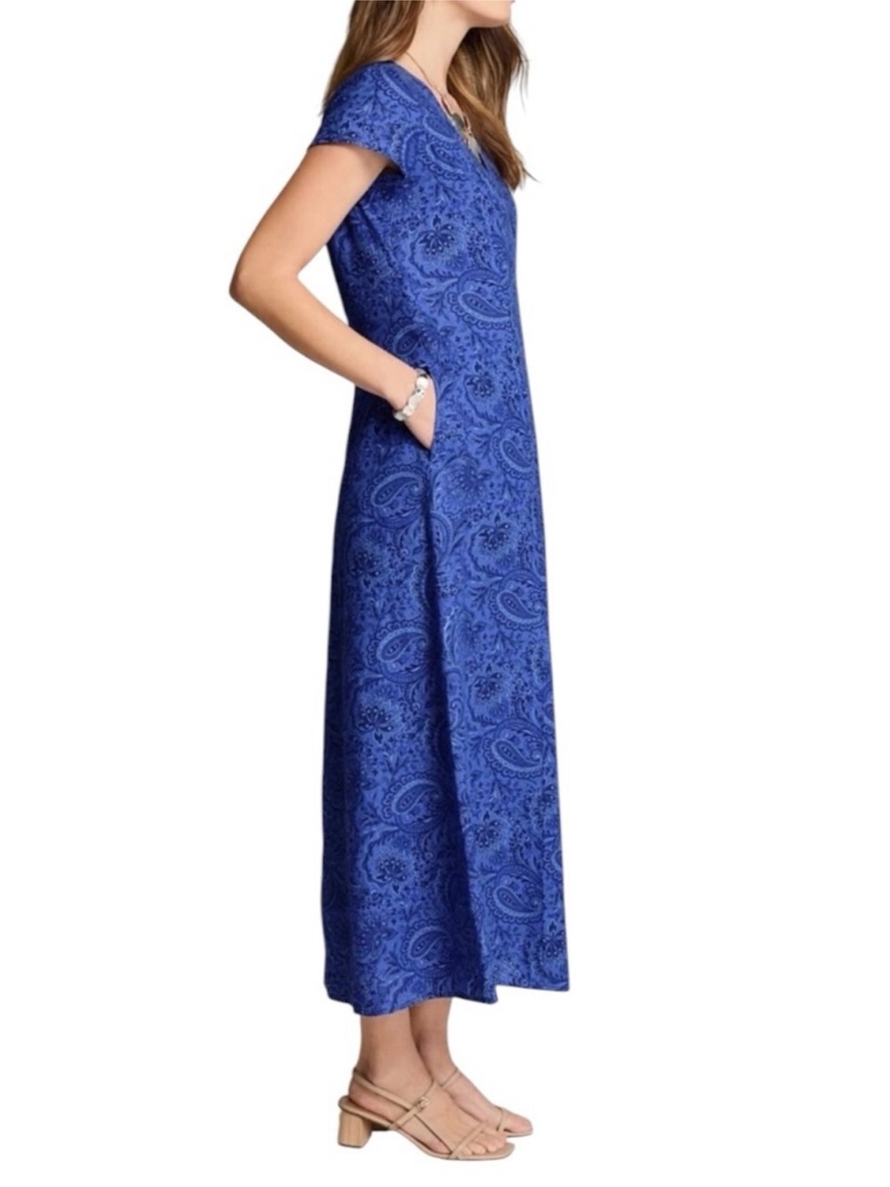J. Jill Blue Paisley V-Neck Short Sleeve Women's Dress